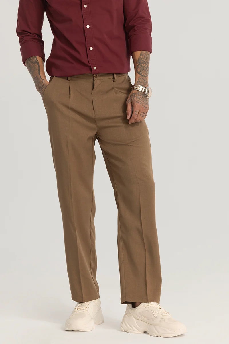 SNITCH Brown Plain Relaxed Fit Trousers - Image 1